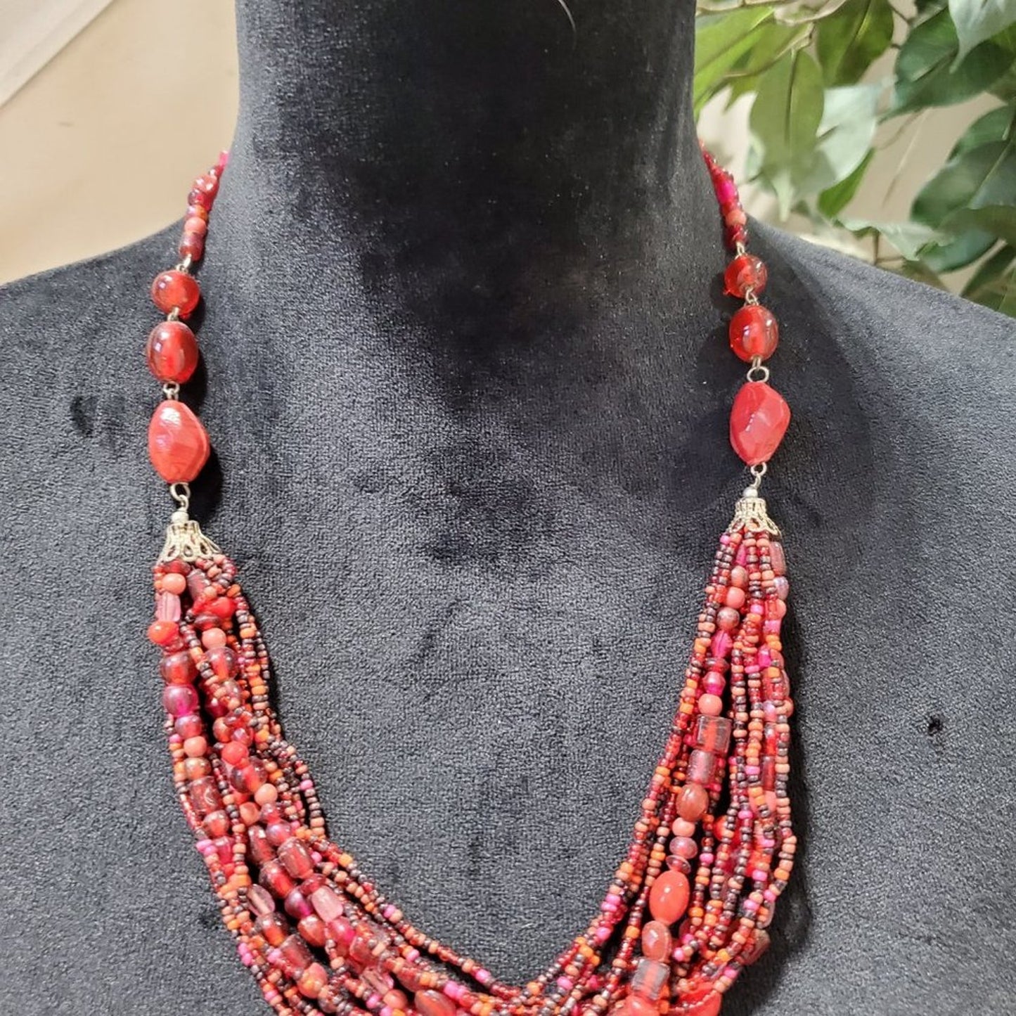 Womens Fashion Red Tibetan Glass Bead Multi-Strand Collar Necklace Lobster Clasp