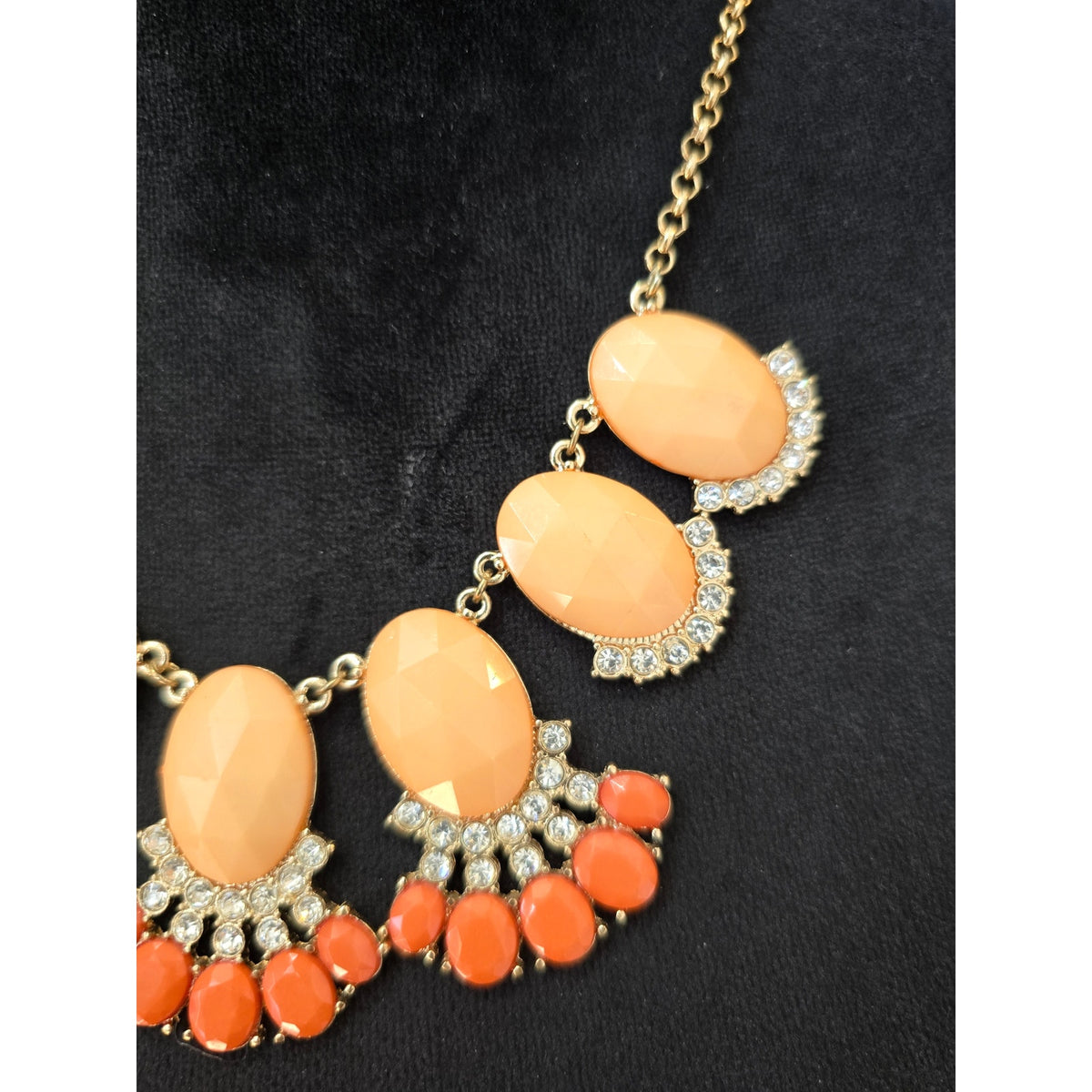 Orange Gold Tone Rhinestone Teardrop Bib Statement Necklace