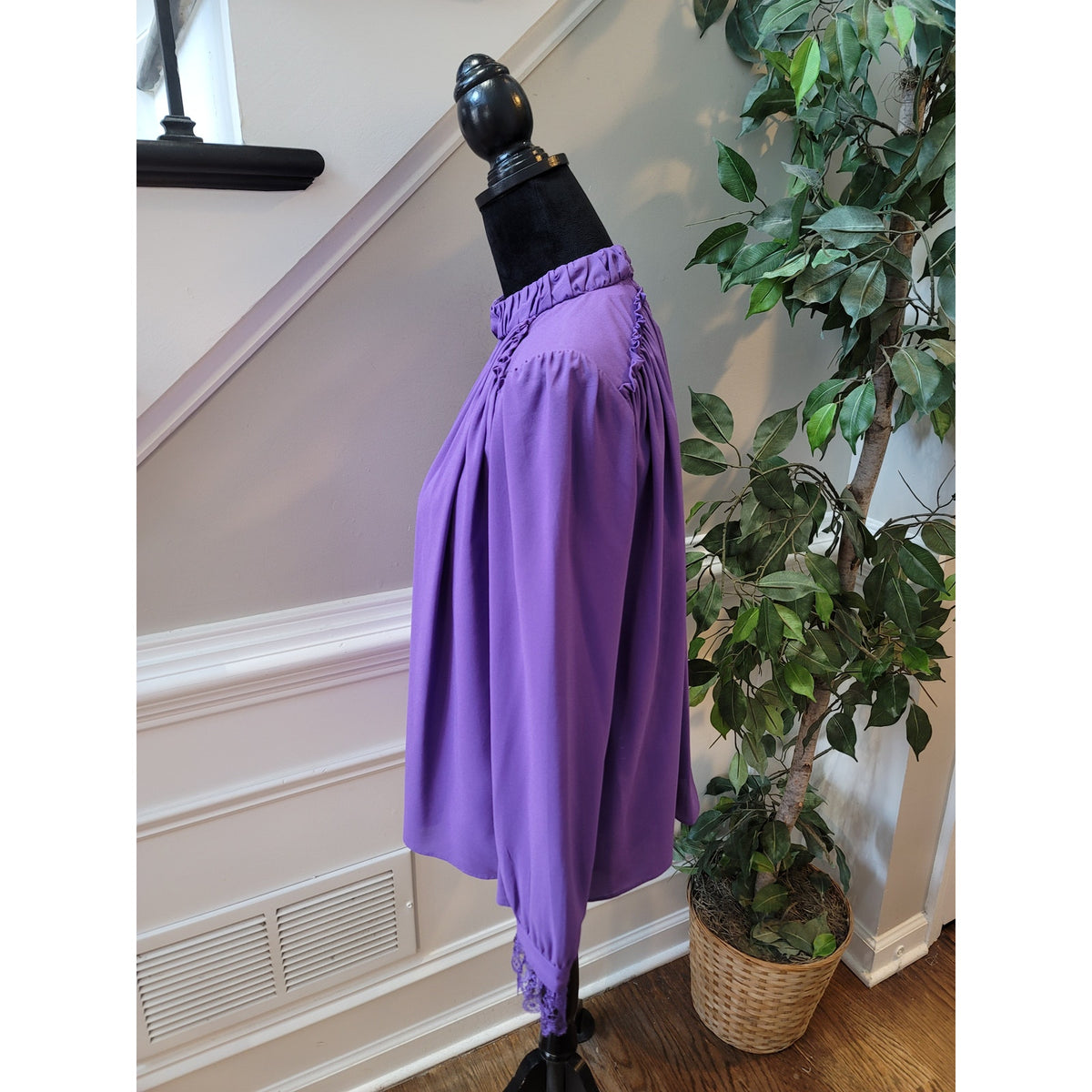 Fab'rik Blouse Small Purple Intricate Lace Trim Ruffle Mock Neck Casual Party