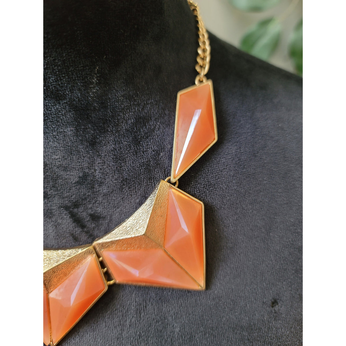 Women's Bold Orange Geometric Statement Necklace On Gold Chain With Faceted Bead