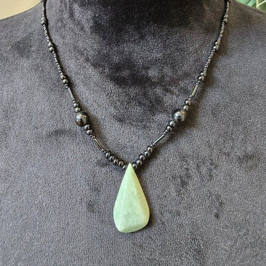 Womens Black Beaded Green Teardrop Acrylic Pendant Necklace with Lobster Clasp