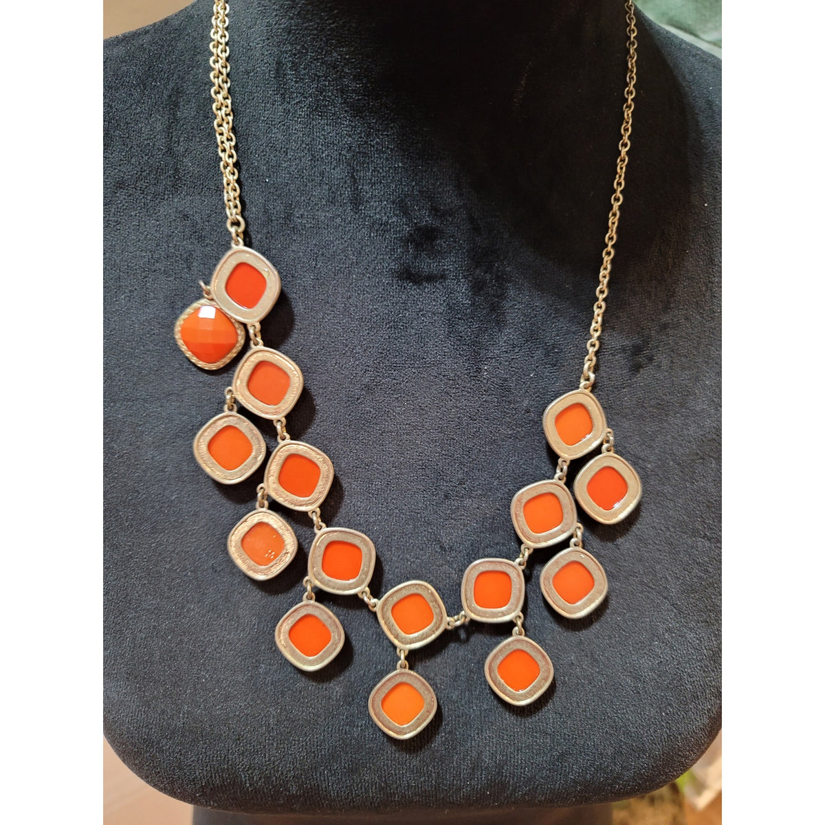 Women's Gold Chain Statement Necklace With Orange Gemstones And Lobster Clasp