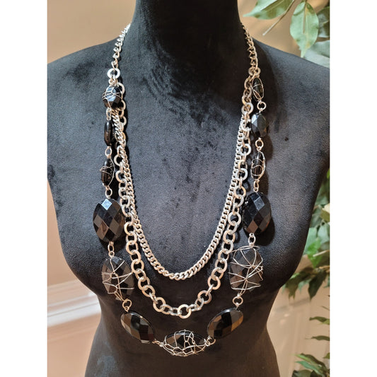 NY Women's Multi Strand Silver Chain Necklace Black Faceted Wire Wrapped Beads