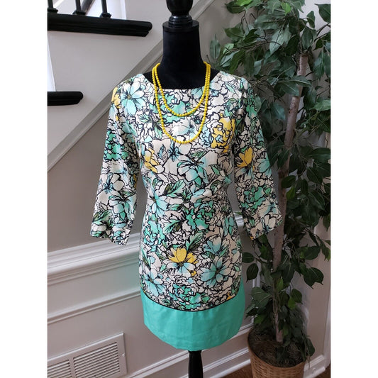 The Limited Women's White Floral Round Neck 3/4 Sleeve Knee Length Dress Small