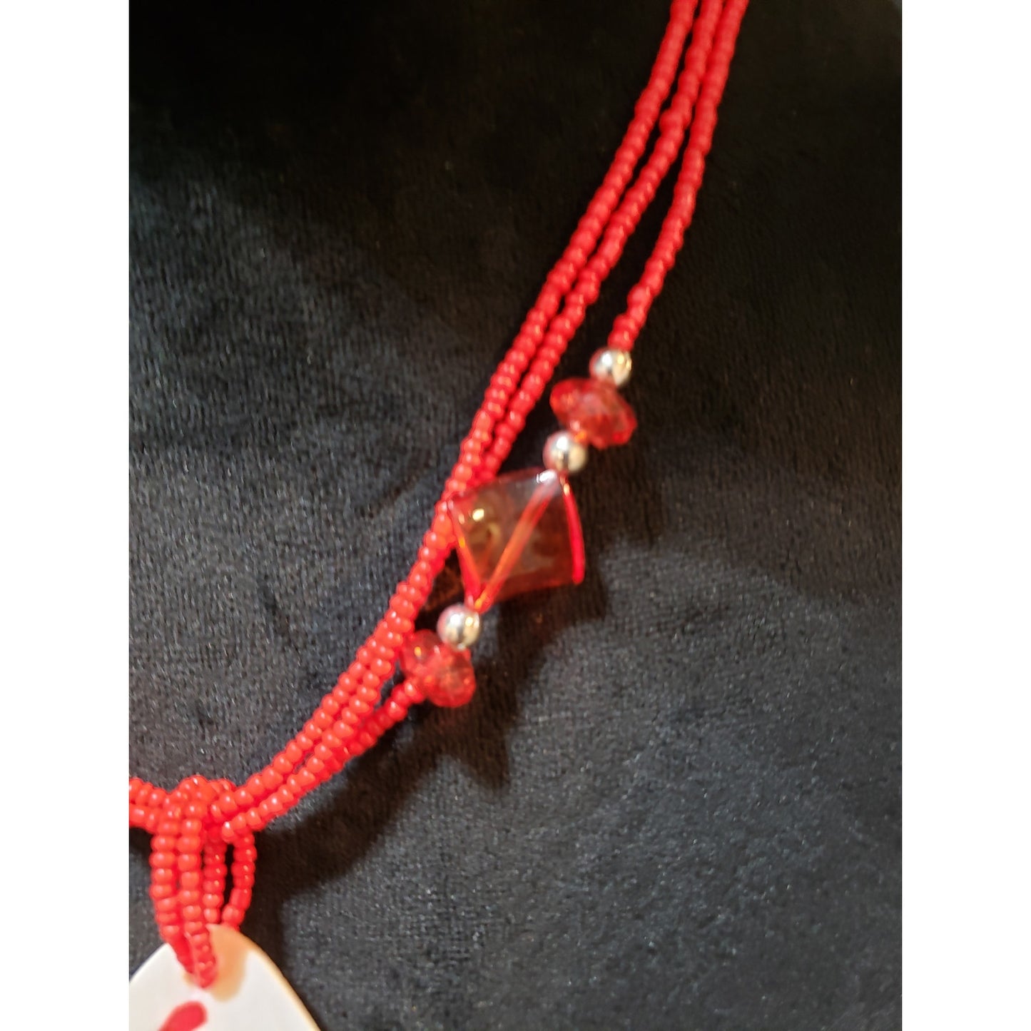 Women 3 Strand Red Seed Beads White Acrylic Teardrop Pendant Necklace w/ Lobster
