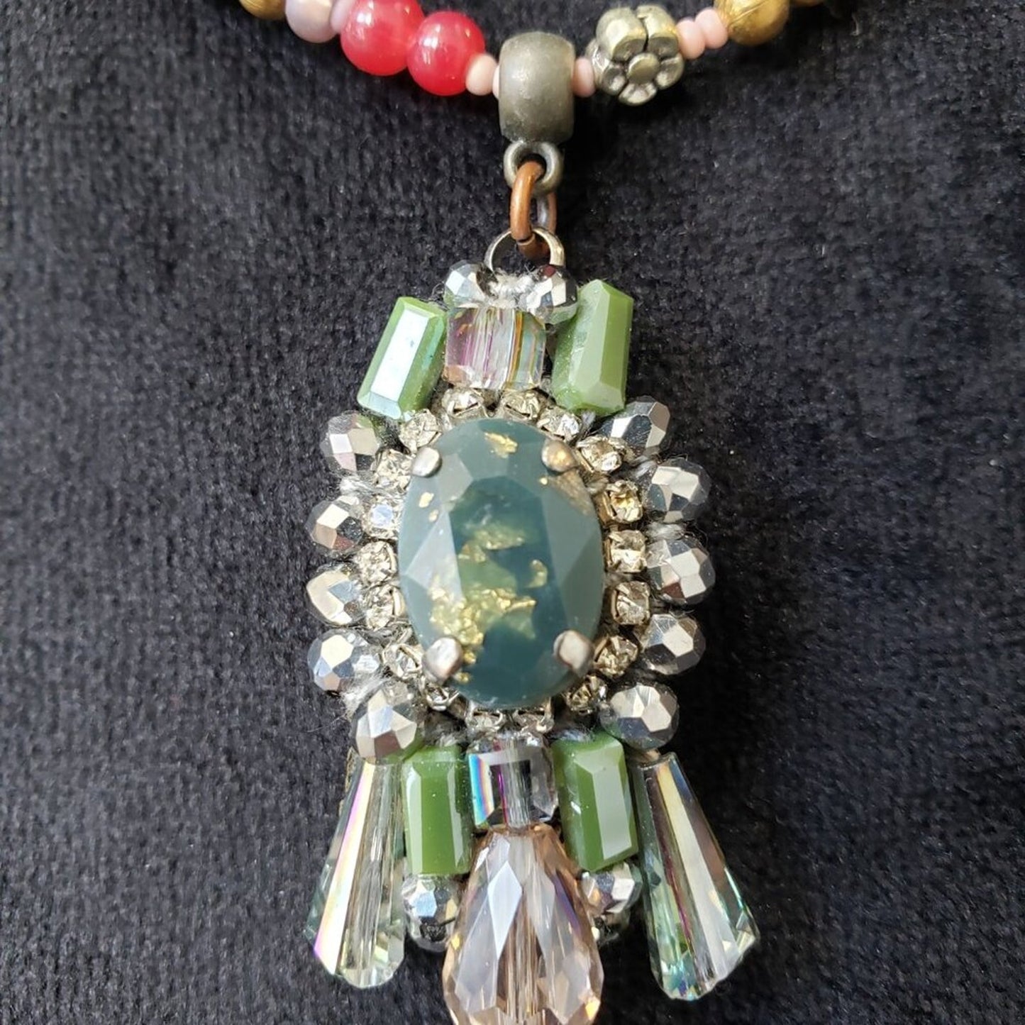 Womens Red Pearl and Jade Beaded Chain Pendant Necklace with Lobster Clasp