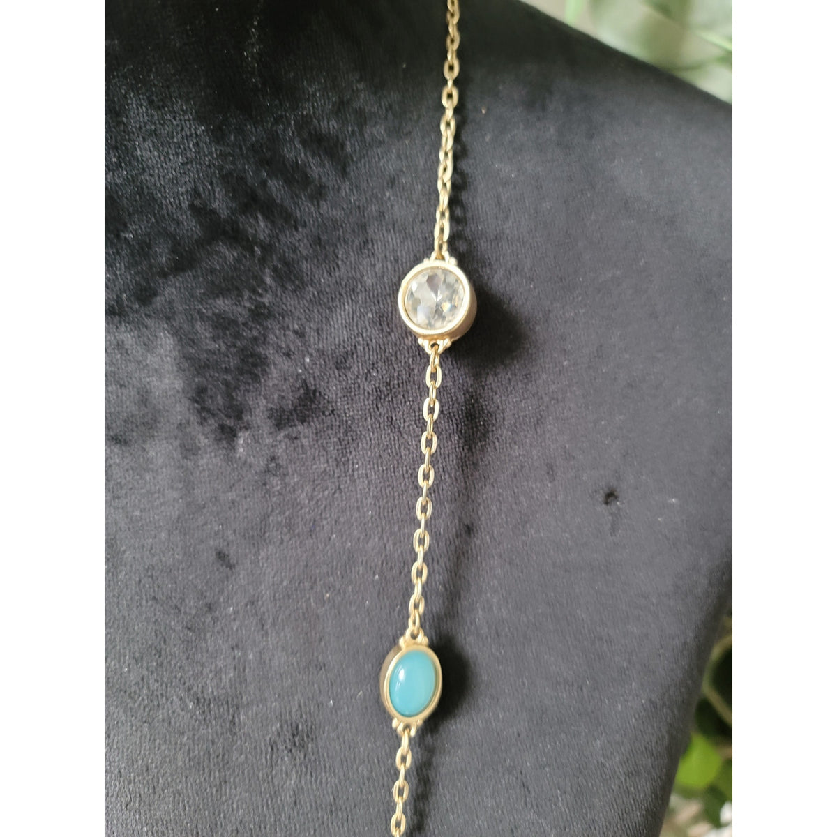 Women's Gold Chain Necklace With Turquoise And Crystal Stones Lobster Clasp Lock