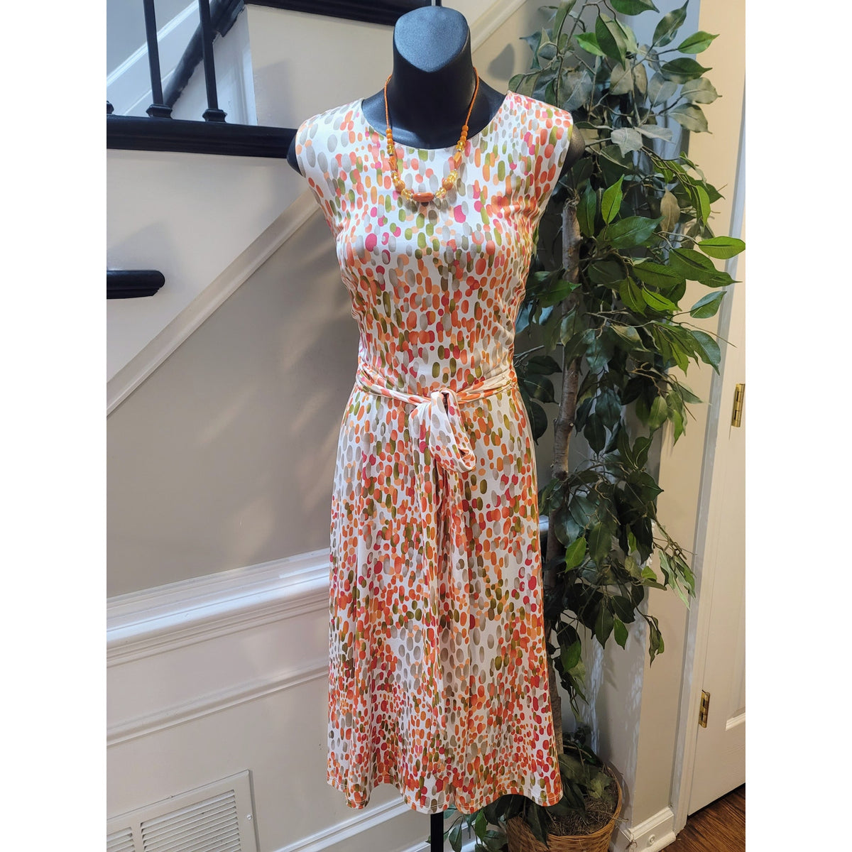 Shelby & Palmer Maxi Dress Women's XL Coral White Stretch Abstract Tie-Waist