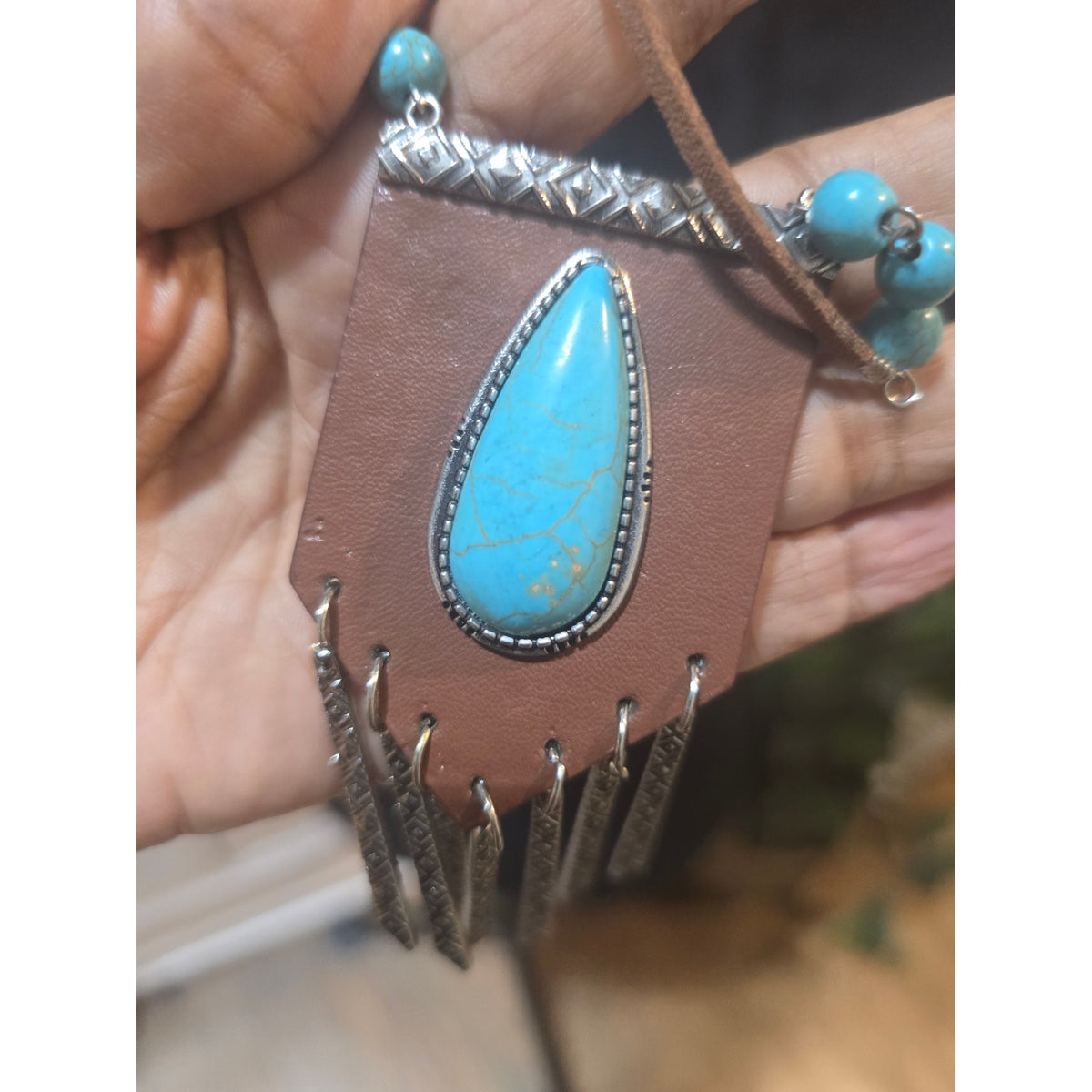 Women's Boho Turquoise Pendant Necklace With Fringe Design And Lobster Clasp