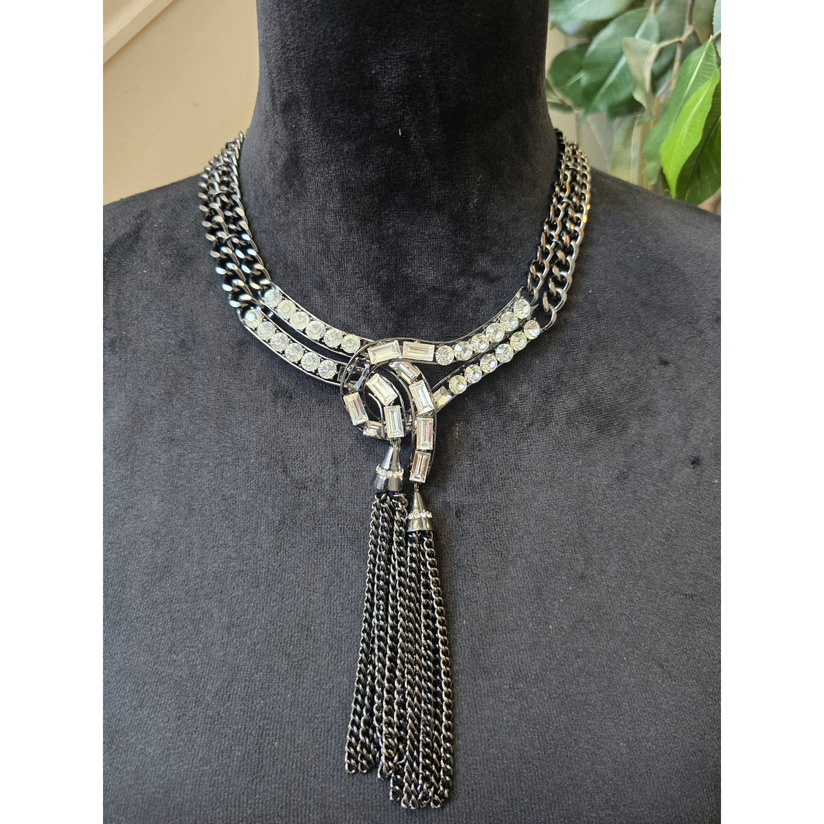 Jio Gunmetal Tone Tassel Chain Rhinestones Accent Statement Necklace for Womens
