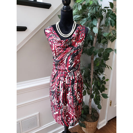 Ann Taylor Sheath Dress Womens Size 8 Multi Geo Print Pleated Back Zip Cowl Neck