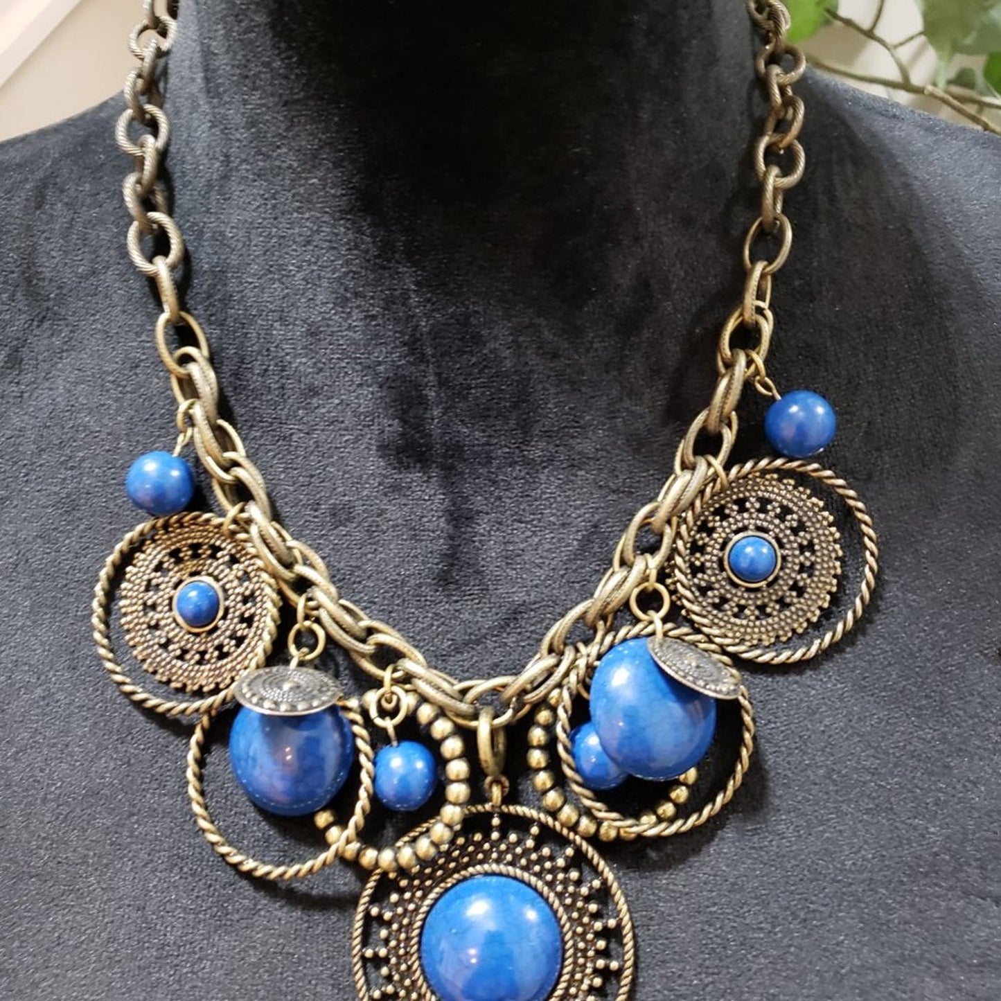 Womens Fashion Indigo Blue Antiqued Brass Chunky Charm Necklace w/ Lobster Clasp