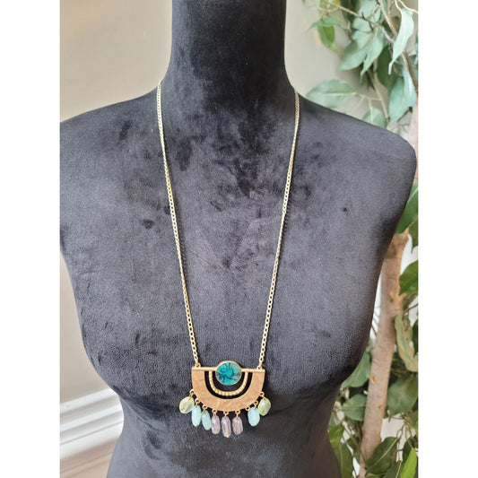Women's Gold Statement Necklace with Turquoise Pendant and Beaded Drop