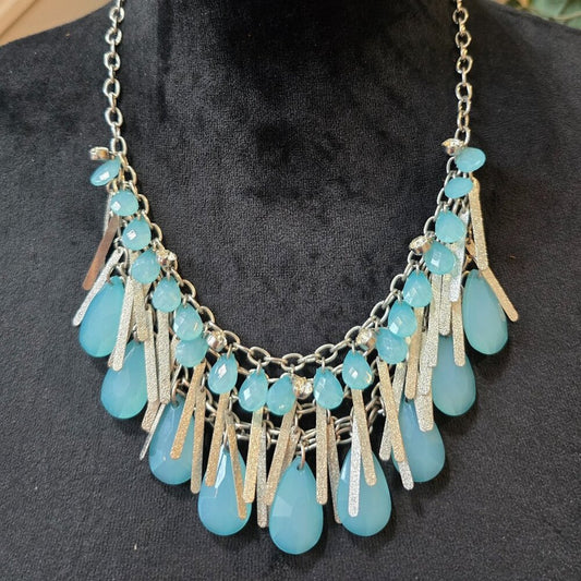 Womens Blue Crystal Teardrop Beaded Metal Fingers Necklace with Lobster Clasp