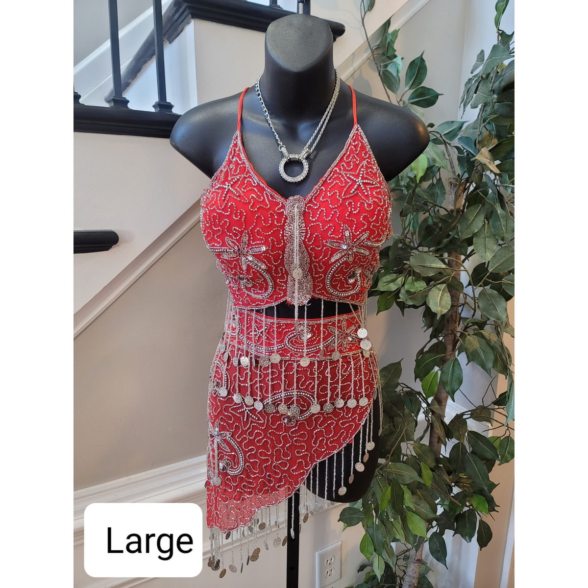 Custom Belly Dance Costume Large Red Halter Top Open Back Coin Skirt Padded Bra