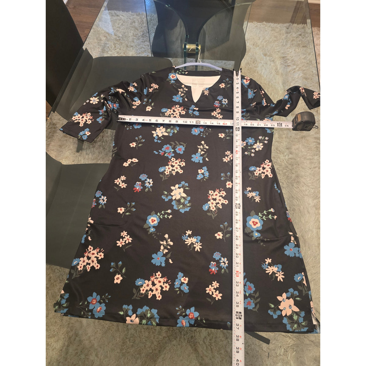 Floral Dress Women's Size 2XL Black Blue UPF 50 Long Sleeves V Neck With Pockets