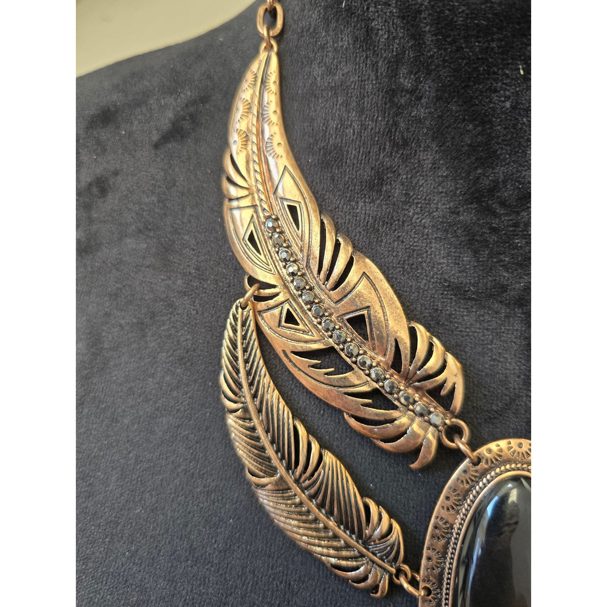 Mia Collection Gold-tone Layered Feather Black Onyx Necklace & Earrings Set