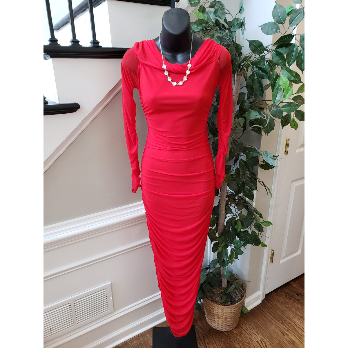 Fashion Nova Slinky Ruched Maxi Dress Womens S Red Cowl Neck Sheer Sleeve Lined