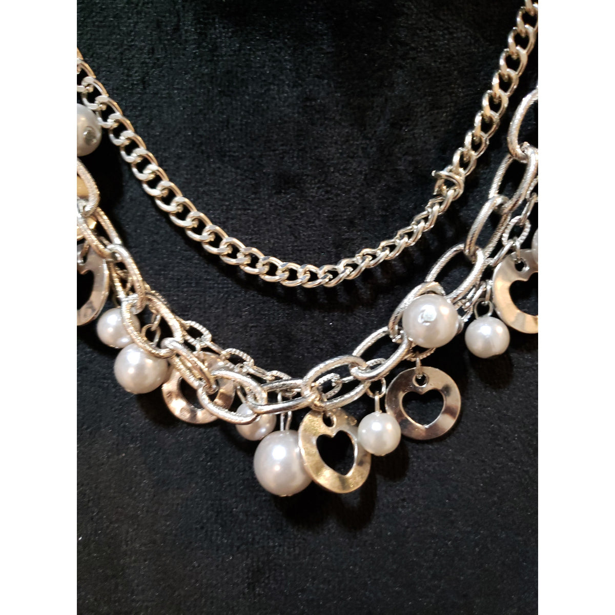 Womens Silver Tone Multi-layered Faux Pearl Heart Chain Charm Statement Necklace