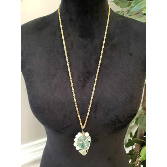Handmade Gold Wire Wrapped Green Stone Pearl Pendant Necklace Boho Unique