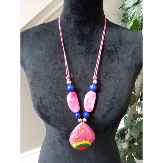 Long Boho Pink Statement Necklace Colorful Resin Pendant Chunky Artisan Necklace