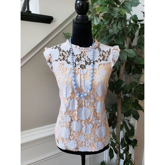 Monteau Women's Beige Floral Nylon Turtleneck Ruffled Sleeveless Top Blouse M