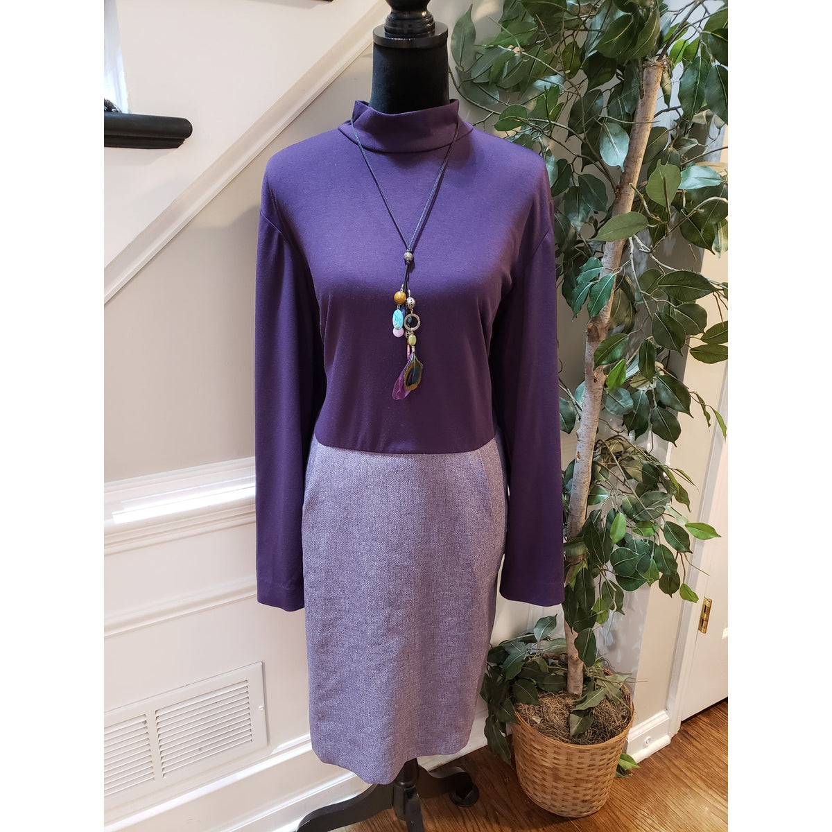 Coldwater Creek Sweater Dress Womens W20 Purple Mock Neck Knee Length Back Zip