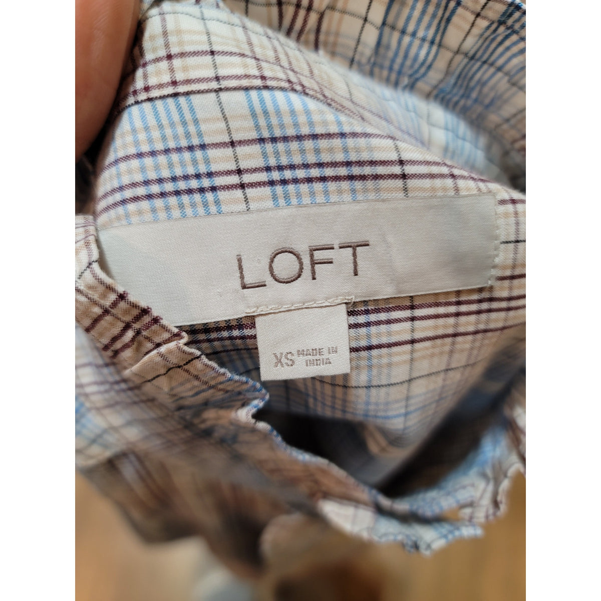 Loft Shirt Women XS Multi Cotton Plaid Ruffle Band Collar Curved Hem Button-Up