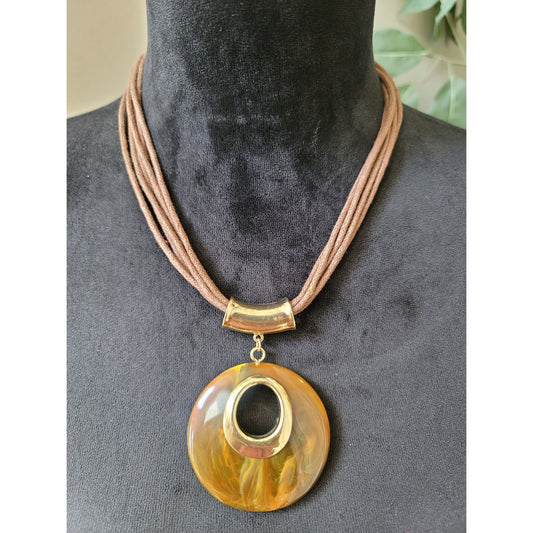 Women's Statement Brown Cord Necklace With Round Resin Pendant Lobster Clasp
