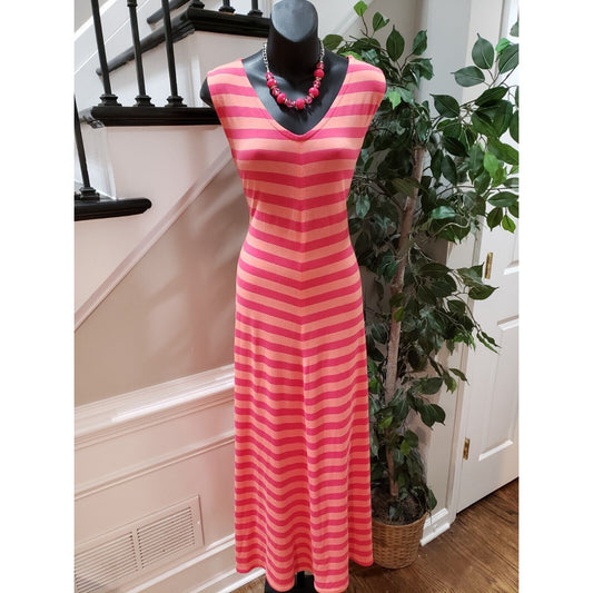 Women's Pink Striped Polyester V-Neck Sleeveless Casual Long Maxi Dress Large