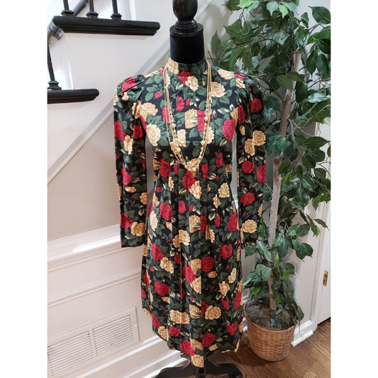 Womens Multicolor Floral Pleated Mock Neck Long Sleeve Knee Length Dress Small