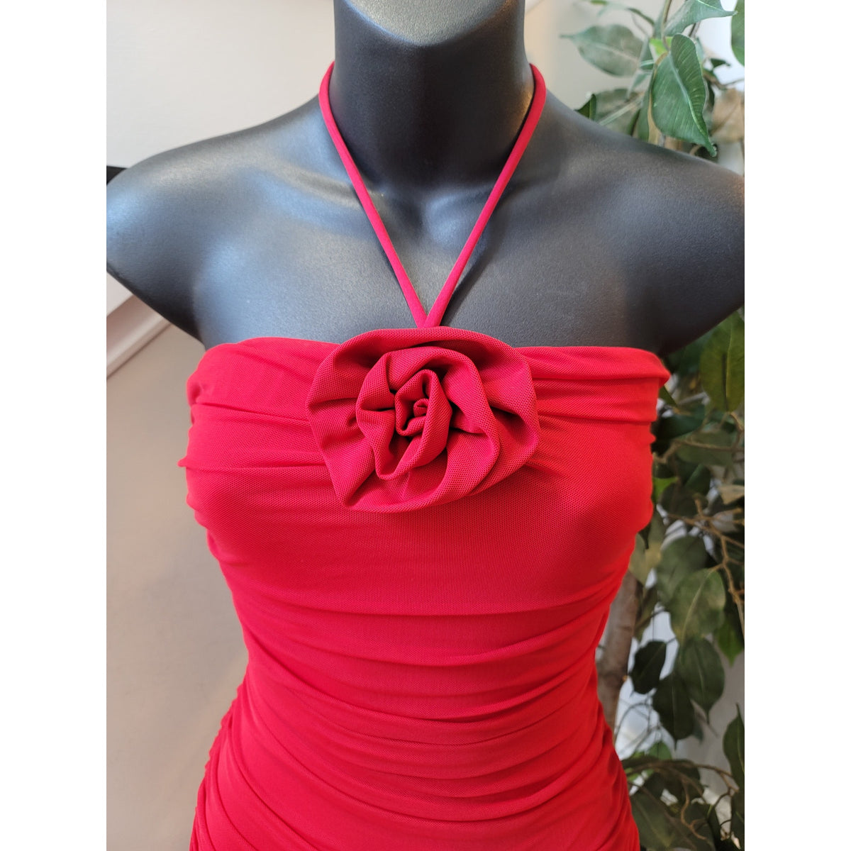 Fashion Nova Strapless Midi Dress Women's Medium Red Ruched 3D Floral Corsage