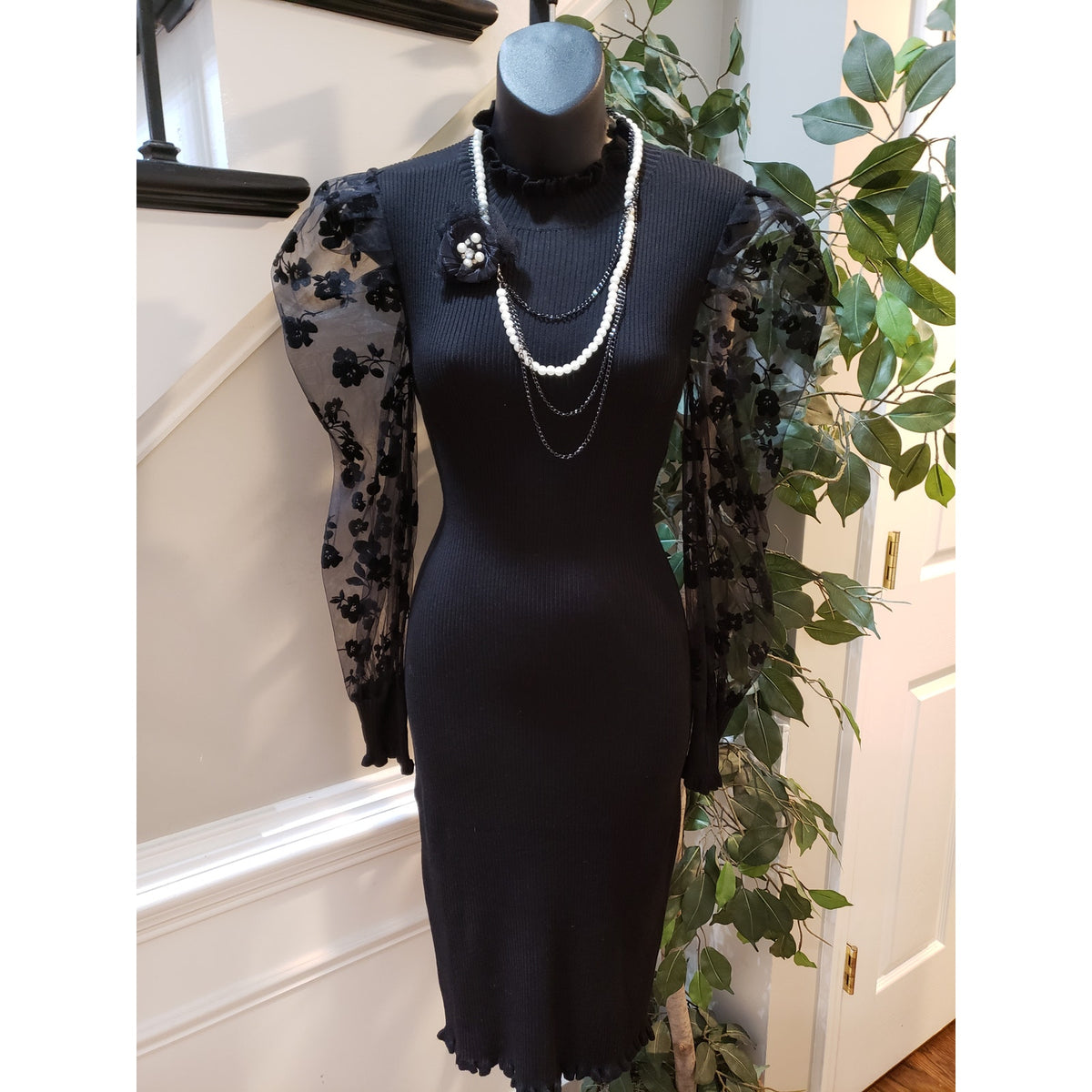 Fashion Nova Bodycon Dress Womens Small Black Floral Sheer Long Sleeve Mock Neck