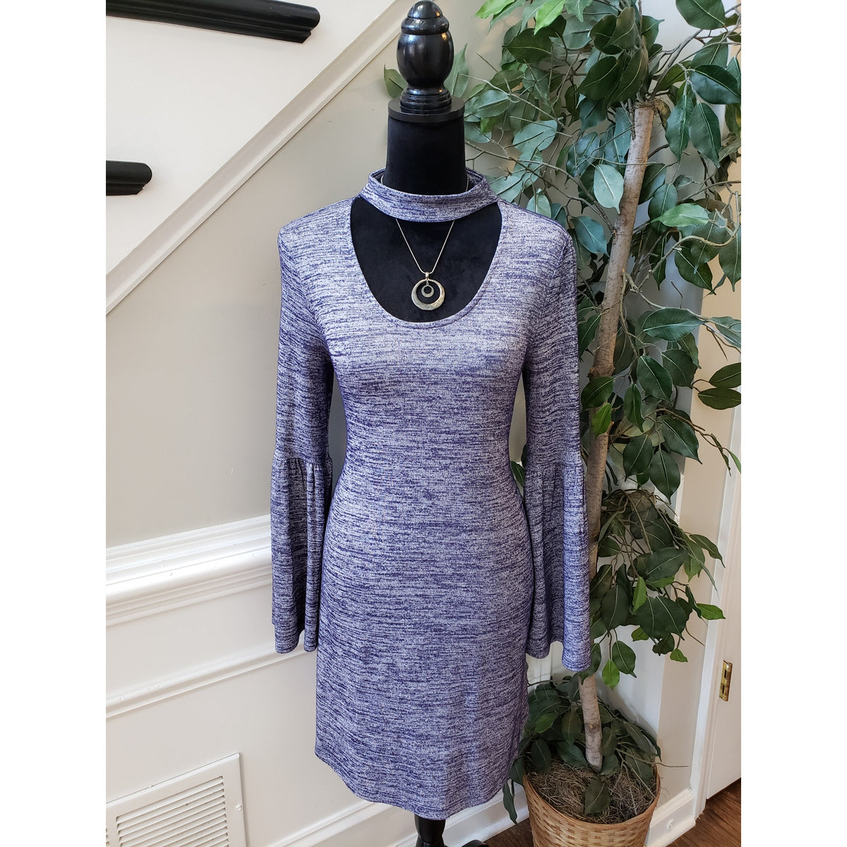 Kensie Mini Dress Women's Small Heather Purple Bell Sleeve Choker Neck Pullover