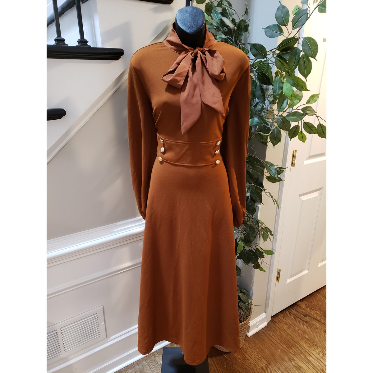 SHEIN Dress Women's XL Brown Empire Waist Double Button Detail Lantern Tie Neck