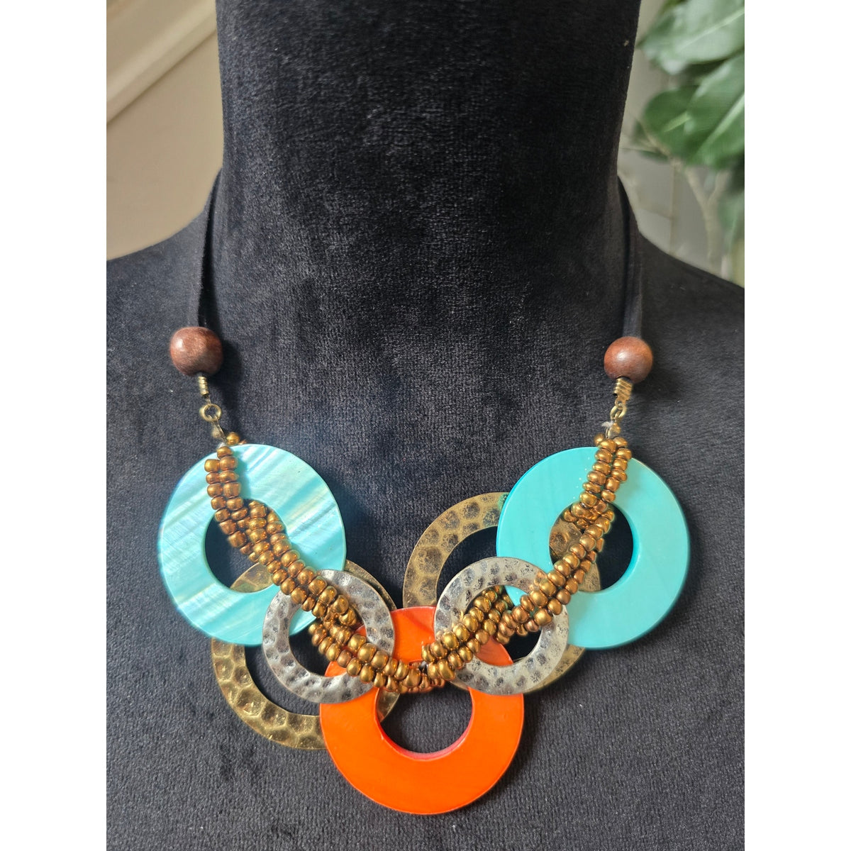 Turquoise Orange Gold Tone Oversized Mixed Circle Beaded Boho Necklace
