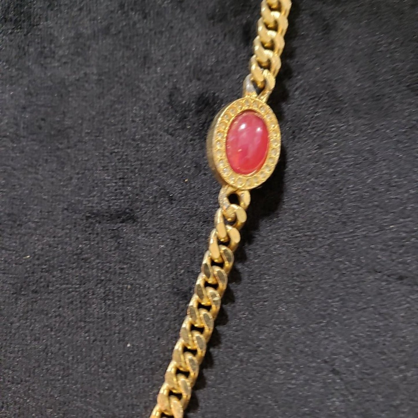 Womens Fashion Gold Tone Curb Chain 2 Ruby Cabochon Bead Cuban Long Necklace