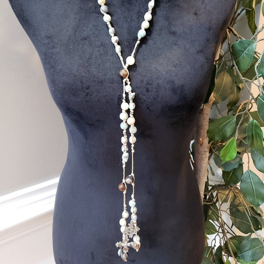 Womens Fashion Mixed Bead Faceted Bead Natural Quartz Chips Tassel Long Necklace