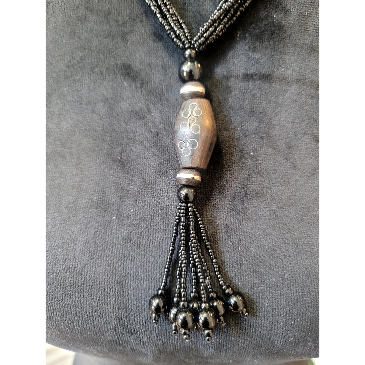 Black Seed Bead Tassel Necklace Wood Barrel Pendant Boho Tribal Statement 22"
