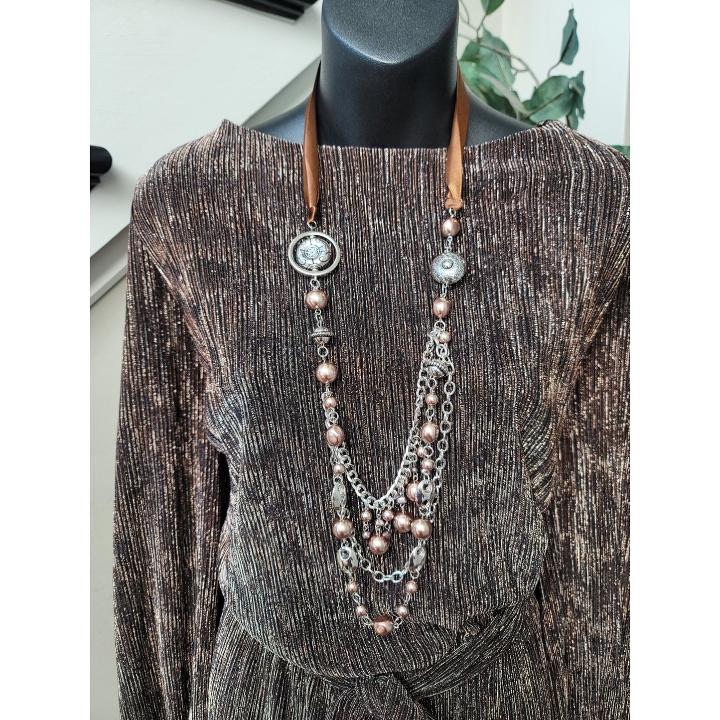 Lane Bryant Jumpsuit Women Size 26/28 Brown Metallic Wide Leg Long Sleeve Belted