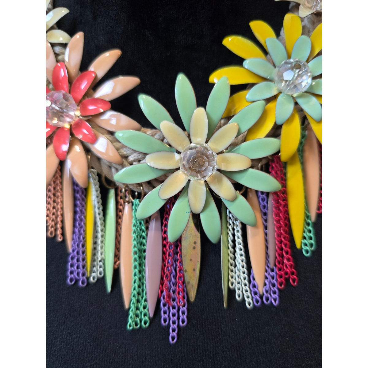 Women's Chunky Enamel Daisy Flowers Tassel Chain Braided Bib Statement Necklace