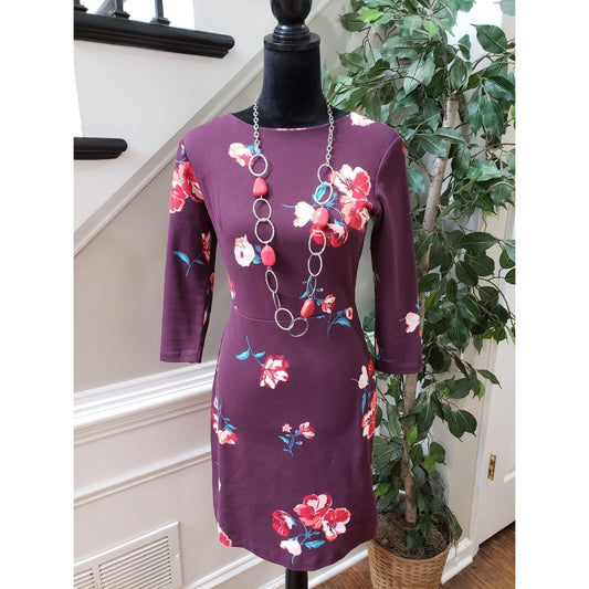 Old Navy Women's Purple Floral Cotton Round Neck 3/4 Sleeve Knee Length Dress XS
