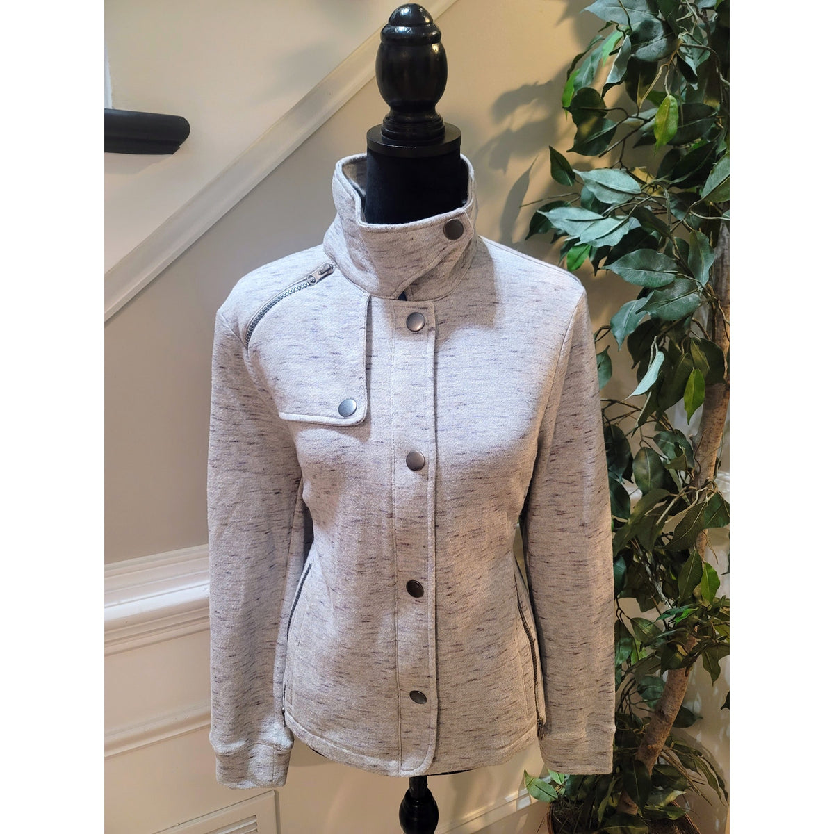 Cabi Sweatshirt Jacket Women's Large Gray Flecked Asymmetrical Zip Button Front