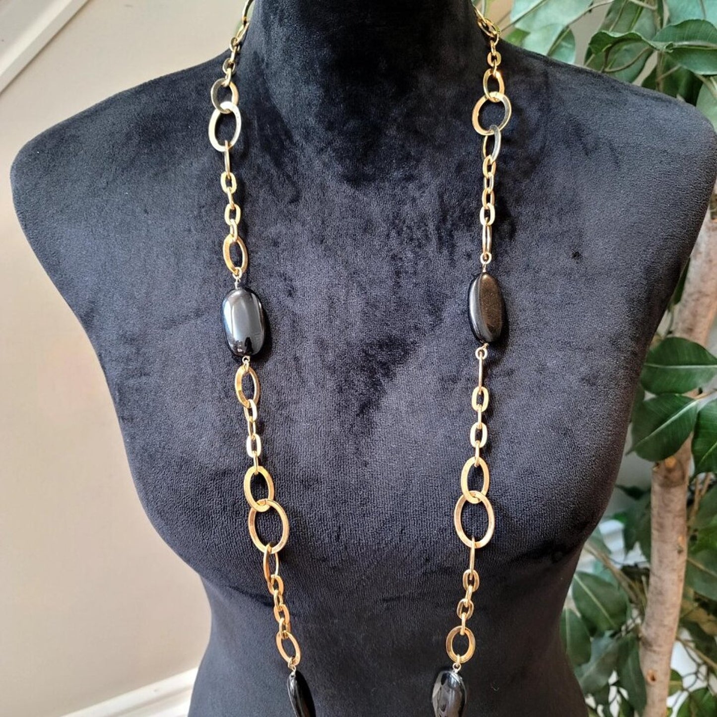 Womens Fashion Black Link Chain & Beaded Necklace Jewelry with Lobster Clasp