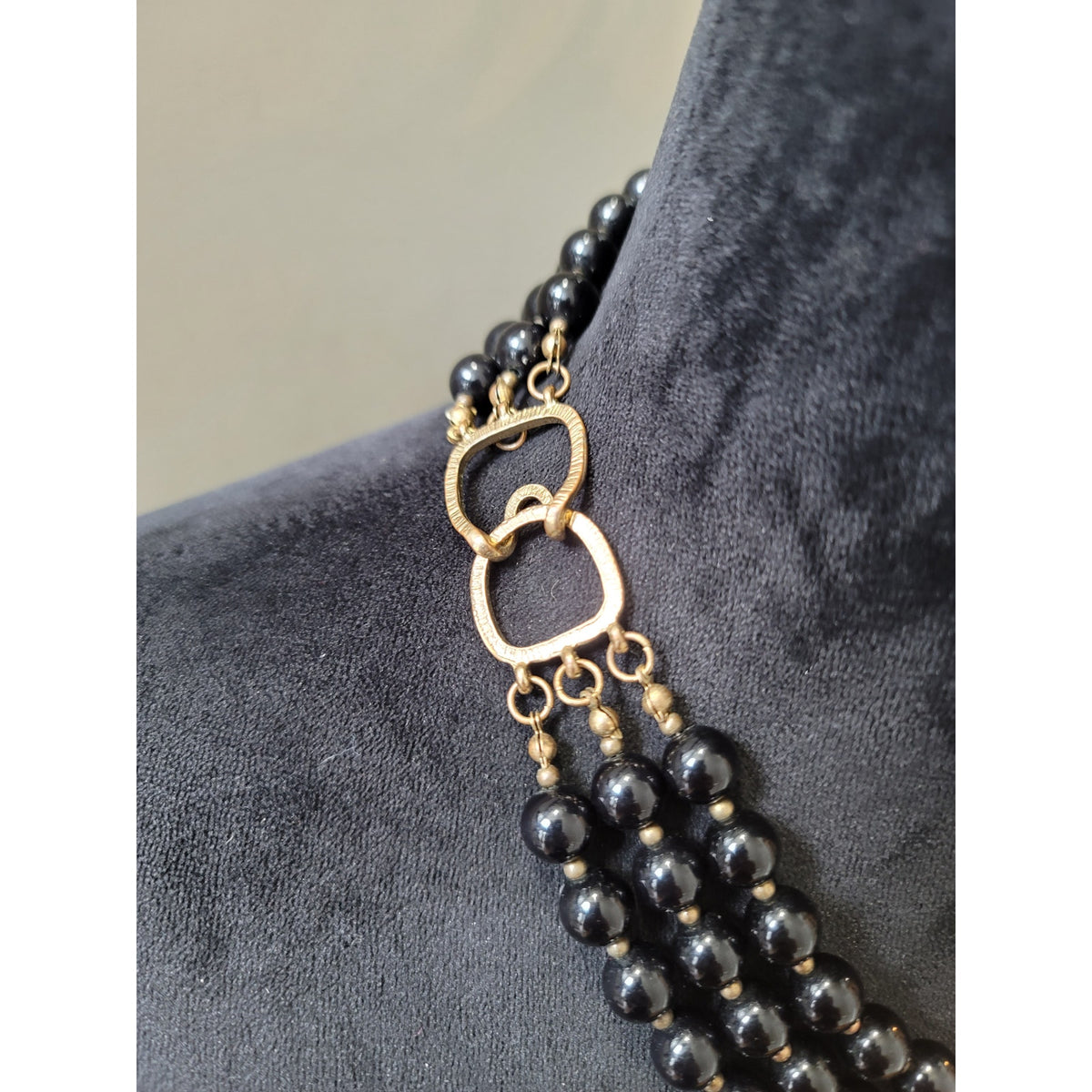 Women's Black Beaded Multi Strand Necklace With Gold Tone Hook Clasp Jewelry