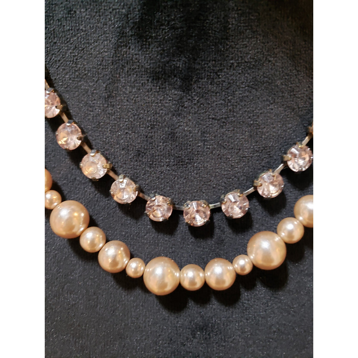 Womens 2 Strand Faux Pearl Rhinestone Trim Bling Chain Necklace w/ Spring Clasp