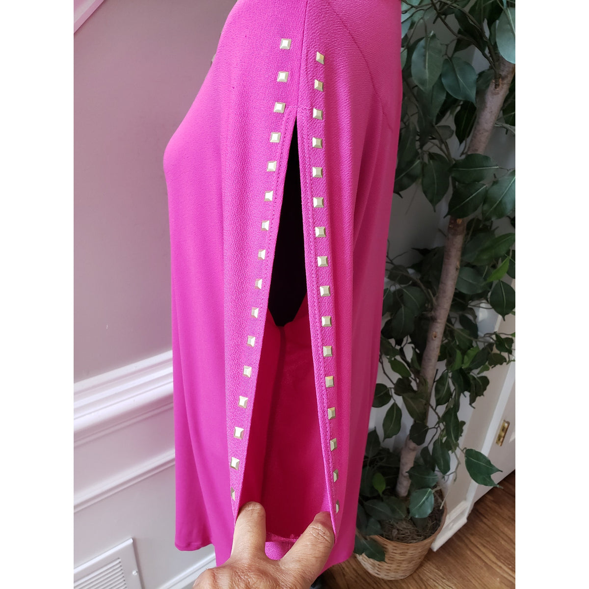Jones New York Sheath Dress Women's Large Pink Studded Slit Sleeve Round Neck
