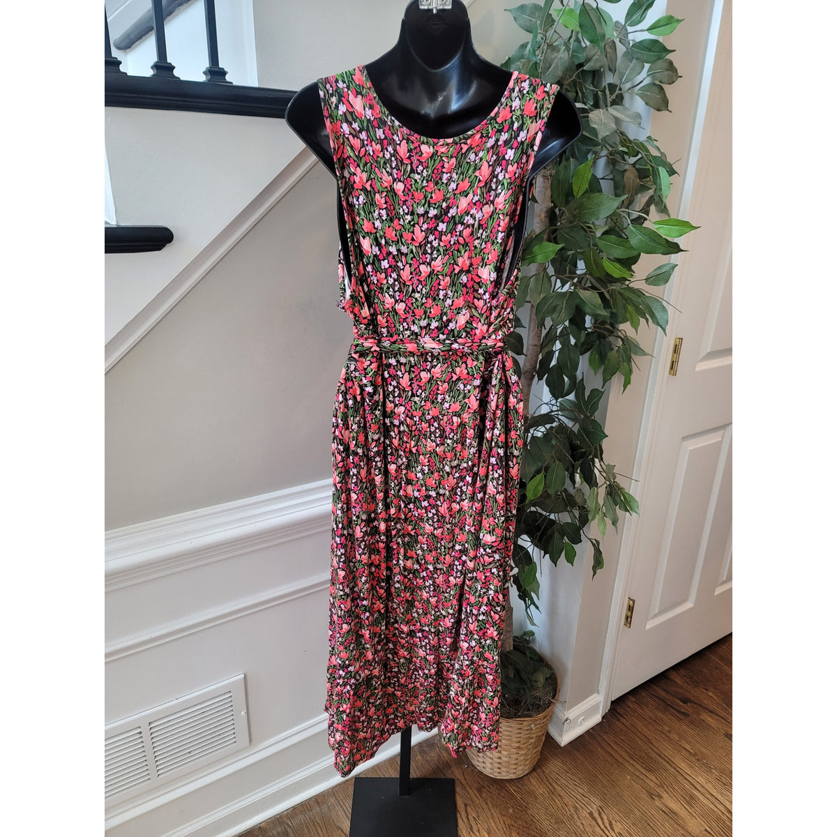 Terra & Sky Maxi Dress Women 1X Black Pink Stretch Floral Tie Waist Ruffle Hem