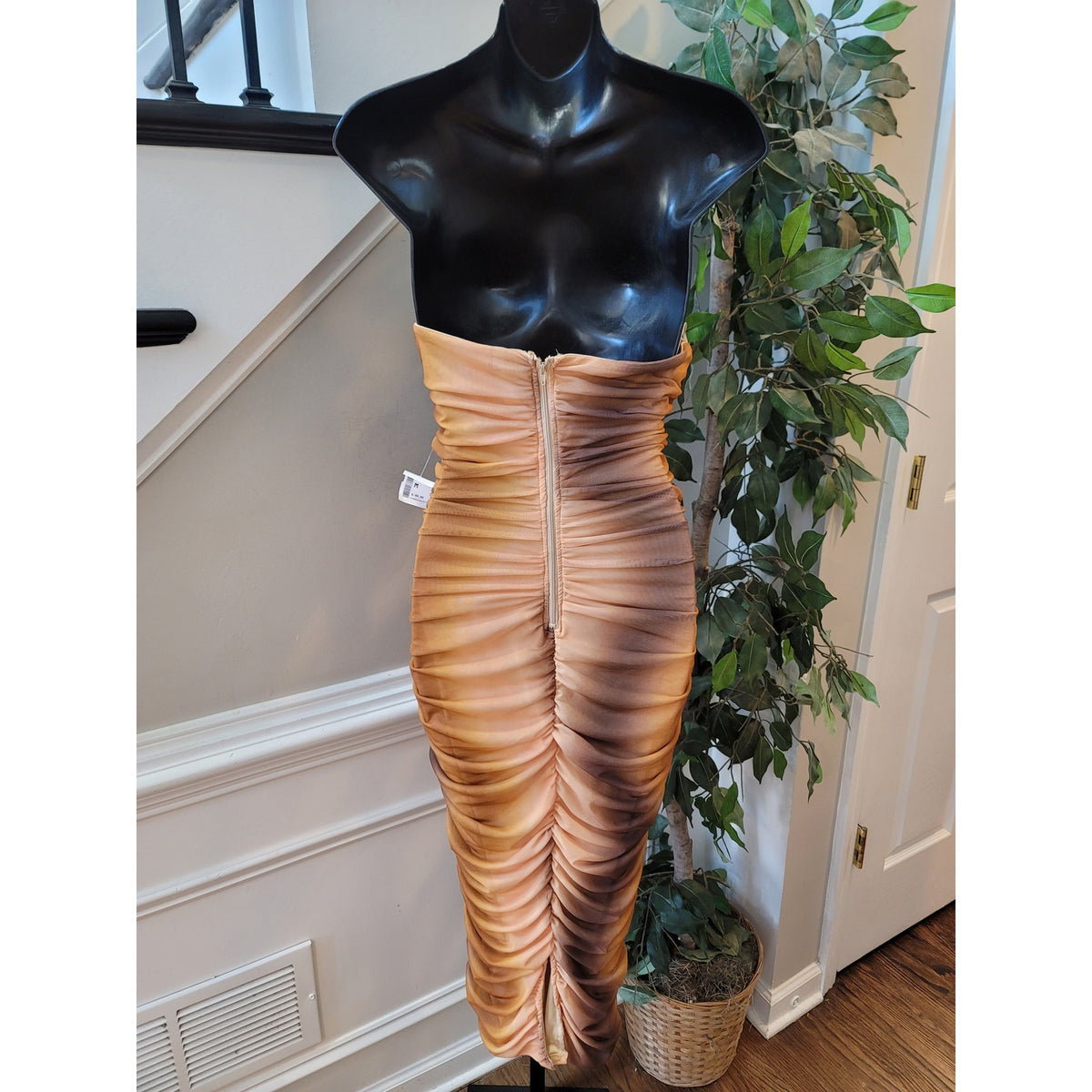 Blanc Midi Dress Womens Medium Brown Beige Wired Mesh Ruched Cutout U-Bar Casual