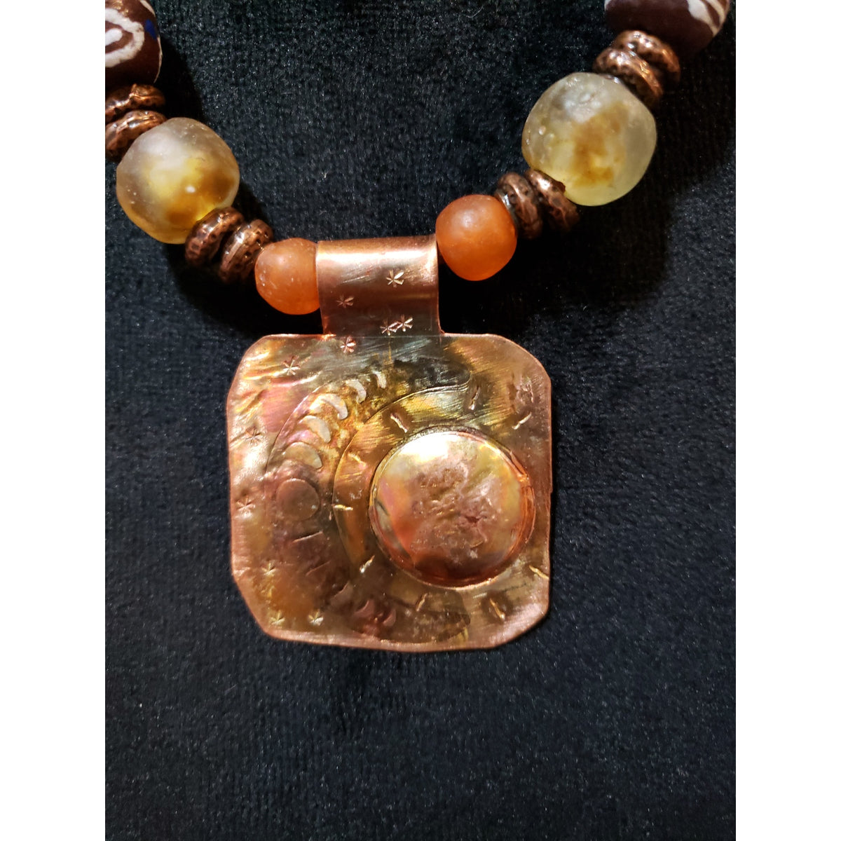 Womens Carnelian Bronze Spacers Beads on Suede Cord Carved Pendant Necklace
